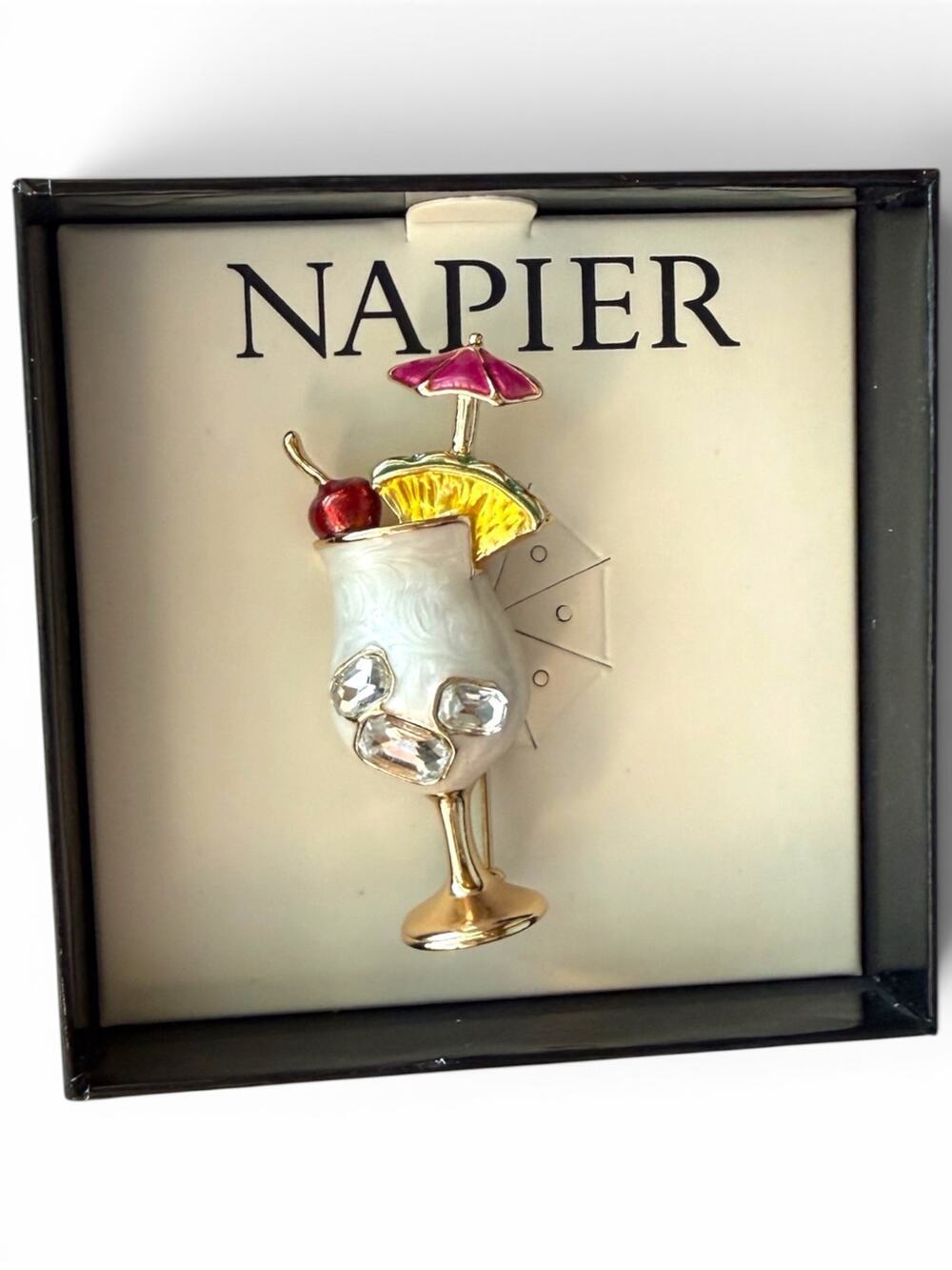 New NAPIER Pina Colada Cocktail Brooch Pin Gold Tone Tropical Drink in Box